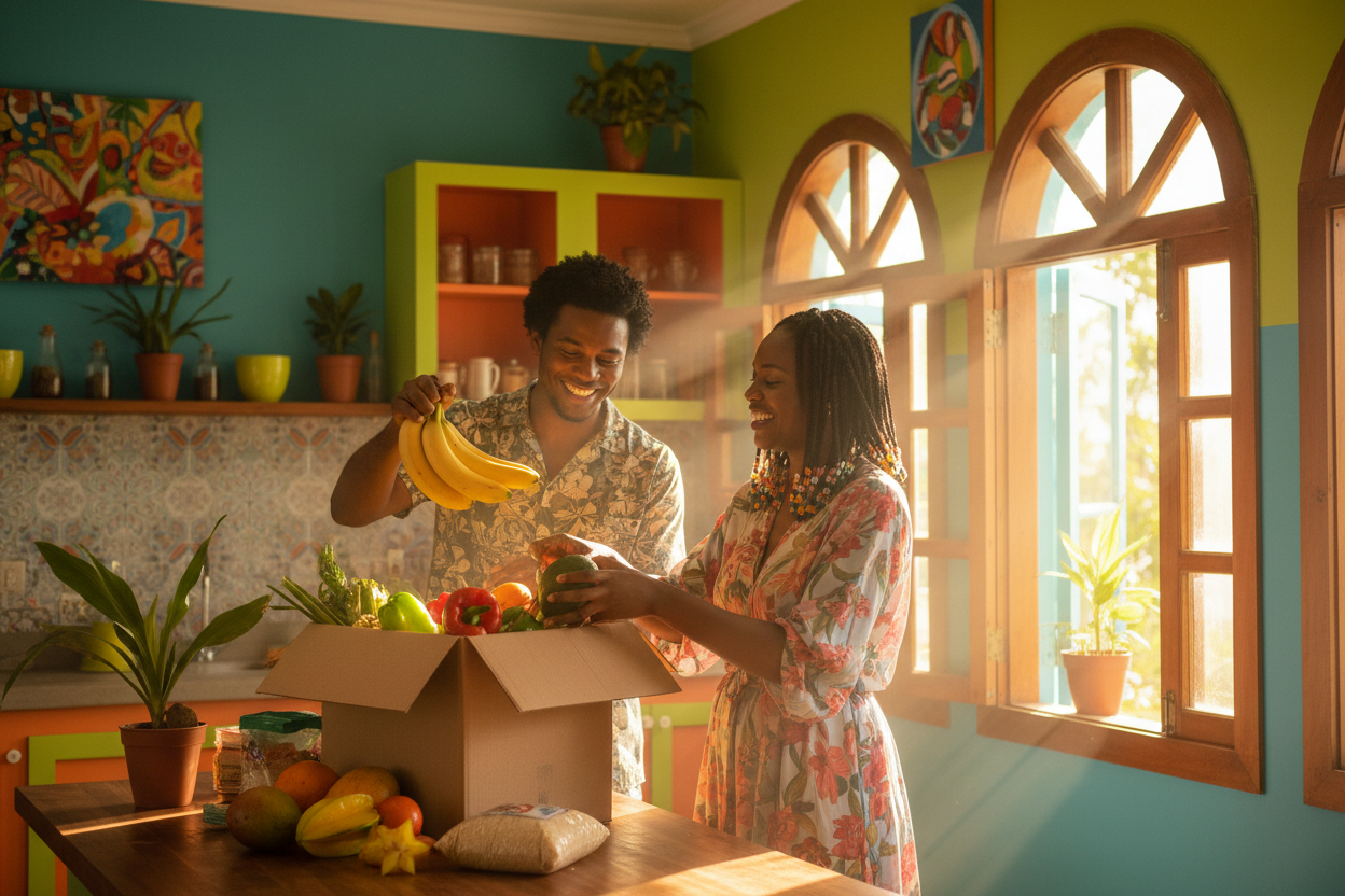 A PICTURE OF A HAPPY CARIBBEAN MAN AND WOMAN IN A KITCHEN UNPACKING GOCERIES FROM A BOX WITH SUN RAYS COMING INTO THE KITCHEN THROUGH A WINDOW. MAKE THE SYLE BRIGHT AND COLORFULL