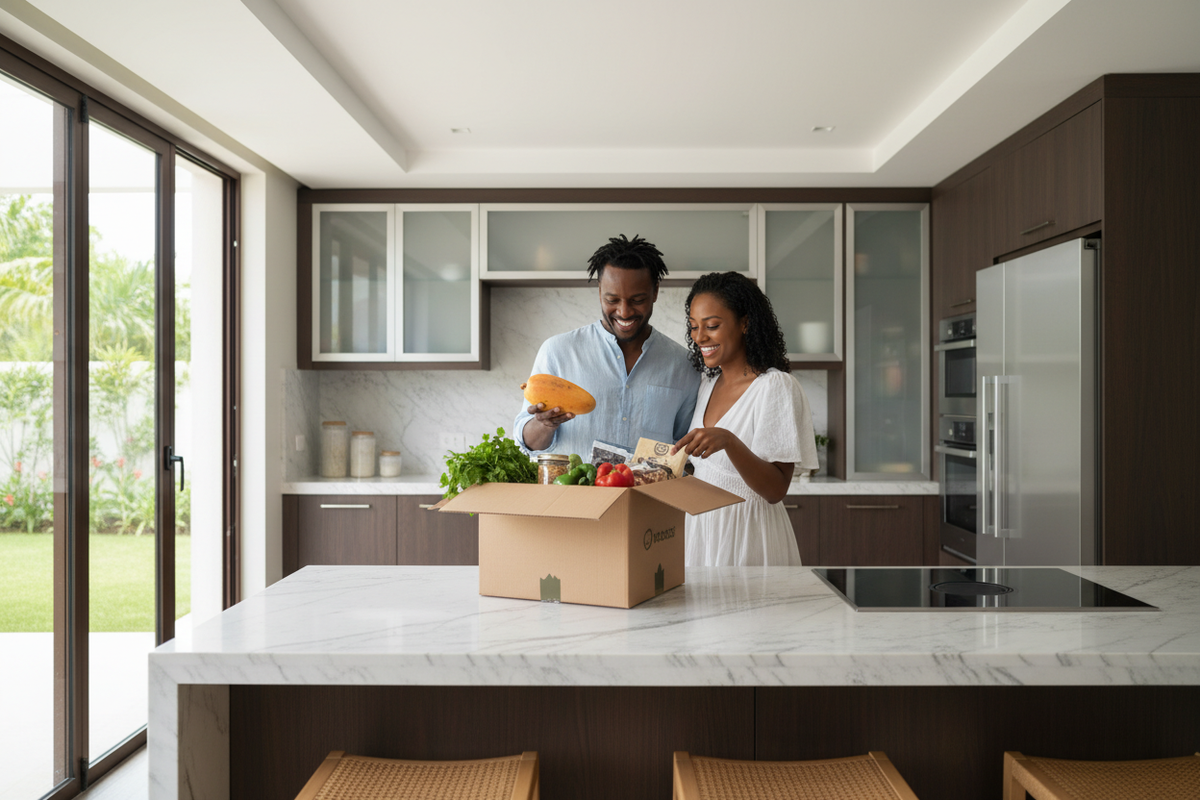 AN IMAGE OF A CARIBBEAN MAN AND WOMAN LOOKING INSIDE A BOX OF GROCERIES THAT WERE DELIVERED TO THIER HOME. THE BACKGROUND IS A MODERN HIGHEND KITCHEN